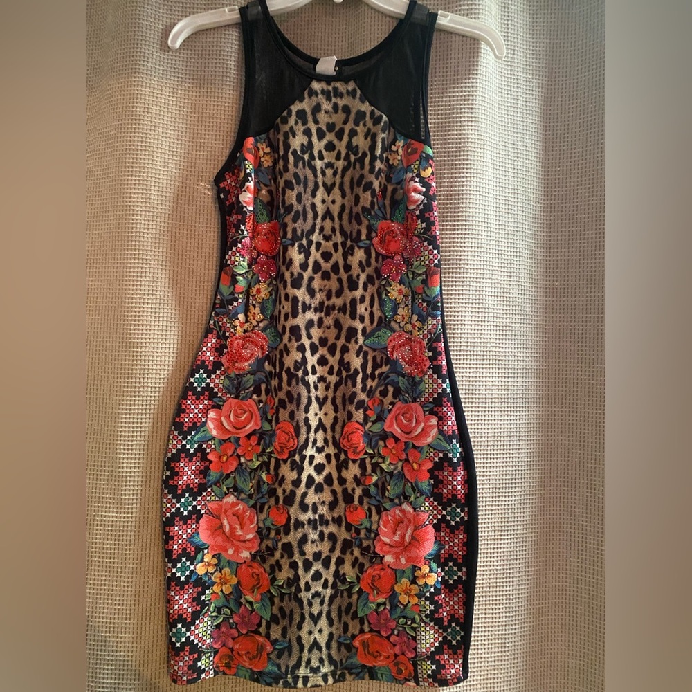 Floral/animal print mini dress (See through material on top).